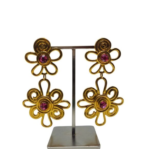 Vintage Avon Gold Metal & Pink Crystal/Glass Rhinestone Flower Dangle Clip-On Ea - Picture 3 of 8